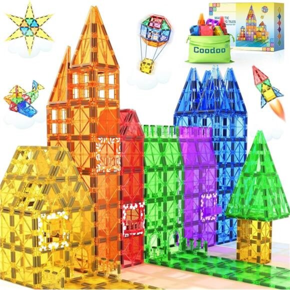 Magnetic Building Tiles, 60 Pieces, Rainbow Shapes, STEM Toys - Picture 1 of 7